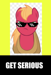 Size: 426x630 | Tagged: safe, artist:simonstudio587, derpibooru import, big macintosh, earth pony, pony, g4, 1000 hours in ms paint, get serious, male, meme, poster, solo, sunglasses