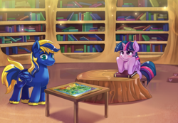 Size: 1108x766 | Tagged: safe, artist:freedomthai, derpibooru import, twilight sparkle, oc, pegasus, pony, unicorn, g4, book, bookshelf, equine, golden oaks library, library, map