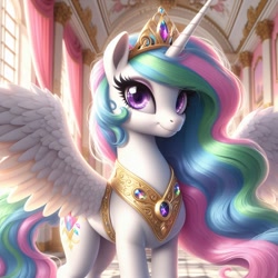 Size: 1024x1024 | Tagged: safe, ai content, machine learning generated, princess celestia, alicorn, pony, alternate cutie mark, bing, canterlot castle, castle, female, indoors, looking at you, mare, regalia, smiling, smiling at you, solo, spread wings