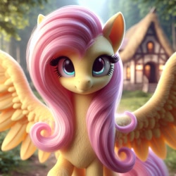 Size: 1024x1024 | Tagged: safe, ai content, machine learning generated, fluttershy, pegasus, pony, bing, blurry background, female, fluffy, looking at you, mare, solo, spread wings