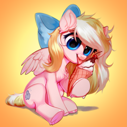 Size: 1299x1305 | Tagged: safe, artist:vensual99, derpibooru import, oc, oc only, oc:bay breeze, pegasus, pony, bow, chest fluff, cute, daaaaaaaaaaaw, ear fluff, ears, female, food, frog (hoof), hair bow, ice cream, licking, mare, ocbetes, pegasus oc, simple background, sitting, solo, tongue, tongue out, underhoof, weapons-grade cute, wings