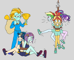 Size: 3298x2682 | Tagged: safe, artist:bugssonicx, derpibooru import, indigo zap, lightning dust, rainbow dash, starlight glimmer, sunny flare, sunset shimmer, human, equestria girls, g4, bondage, bound and gagged, bound together, cloth gag, emanata, equestria girls-ified, gag, gray background, simple background, stealing, tied up, trophy