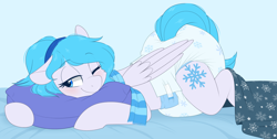 Size: 2000x1007 | Tagged: safe, artist:shuphle, derpibooru import, oc, oc only, oc:snow wing, pony, blanket, clothes, diaper, diaper fetish, fetish, pillow, poofy diaper, scarf, solo, striped scarf
