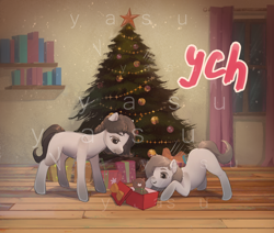 Size: 3000x2548 | Tagged: safe, artist:yasu, derpibooru import, oc, alicorn, earth pony, pegasus, pony, unicorn, auction, auction open, christmas, christmas lights, christmas star, christmas tree, commission, duo, female, happy new year, holiday, male, present, room, smiling, softcore, tree, your character here