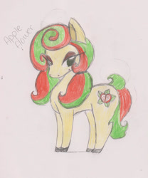 Size: 900x1083 | Tagged: safe, artist:razzle-the-dazzle, derpibooru import, oc, oc only, oc:apple flower, earth pony, 2012, colored hooves, earth pony oc, eyeshadow, female, lidded eyes, makeup, mare, pigtails, simple background, solo, standing, traditional art, white background