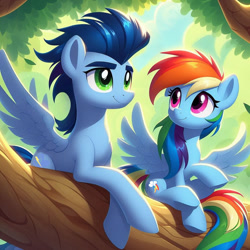 Size: 1024x1024 | Tagged: safe, ai content, derpibooru import, generator:bing image creator, machine learning generated, rainbow dash, soarin', g4, female, male, prompter:*rainbow dash*, shipping, sitting in a tree, smiling, soarindash, spread wings, straight, tree, wings