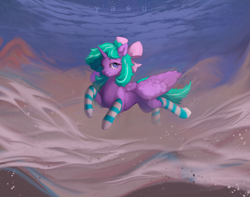 Size: 6056x4784 | Tagged: safe, artist:yasu, derpibooru import, screencap, oc, oc only, alicorn, fly, insect, background, blue eyes, bow, clothes, cloud, commission, commission example, commission open, concave belly, flying, full body, green hair, hair bow, pink bow, purple body, render, socks, solo, striped socks