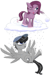 Size: 1500x2257 | Tagged: safe, artist:chopsticks, derpibooru exclusive, derpibooru import, oc, oc only, oc:chopsticks, oc:cookie cutter, pegasus, pony, 2024 community collab, cheek fluff, chest fluff, cloud, derpibooru community collaboration, duo, fanning self, father and child, father and daughter, female, filly, flying, foal, hat, male, on a cloud, one eye closed, open mouth, parent and child, simple background, snow, snowball, snowfall, stallion, standing on a cloud, sweat, tongue, tongue out, transparent background, unshorn fetlocks, wing hold, wings