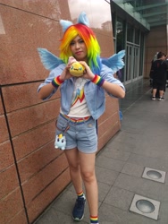 Size: 3456x4608 | Tagged: safe, artist:starlight_leane, derpibooru import, fluttershy, rainbow dash, human, g4, clothes, comic fiesta, cosplay, costume, irl, irl human, photo, plushie