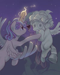 Size: 819x1024 | Tagged: safe, artist:altruistartist, derpibooru import, cozy glow, princess flurry heart, alicorn, ghost, pegasus, pony, undead, fanfic:the roles we (are fated to) play, g4, cover art, duo, fanfic art, female, legion of doom statue, lesbian, magic, older, older flurry heart, sad, scared, ship:cozyheart, shipping, statue