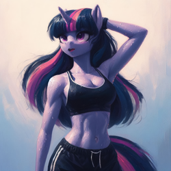 Size: 2048x2048 | Tagged: safe, ai content, derpibooru import, generator:bing image creator, machine learning generated, twilight sparkle, unicorn twilight, anthro, unicorn, g4, breasts, cleavage, clothes, female, head turn, looking to side, looking to the left, mare, midriff, open mouth, prompter needed, shorts, solo, sports bra, sports shorts, sweat