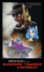 Size: 1181x1920 | Tagged: safe, artist:droakir, derpibooru import, oc, oc only, pony, unicorn, blade runner, city, clothes, crossover, fanfic art, gun, hat, poster parody, twilight sparkle's cutie mark, weapon