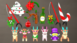 Size: 1920x1080 | Tagged: safe, artist:pika-robo, derpibooru import, arizona cow, cap (tfh), cashmere (tfh), velvet reindeer, cow, deer, reindeer, spider, winter sprite, them's fightin' herds, 3d, bottle, candy, candy cane, christmas, community related, food, hat, holiday, holly, holly mistaken for mistletoe, minicap, minicash, minivelvet, minivixen, minizona, mistletoe, ornament, plushie, poinsettia, source filmmaker, spideer, tree branch, vixen (tfh), whipped cream, wine bottle