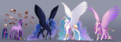 Size: 4300x1500 | Tagged: safe, artist:eljesala, derpibooru import, princess cadance, princess celestia, princess luna, twilight sparkle, unicorn twilight, alicorn, classical unicorn, pegasus, pony, unicorn, g4, alternate design, beautiful, book, cloven hooves, colored wings, concave belly, crown, curly hair, curly mane, curly tail, epic, ethereal mane, feathered fetlocks, female, glowing, glowing horn, gradient background, gradient wings, height difference, high res, hoof shoes, horn, hybrid wings, impossibly large horn, jewelry, large wings, leonine tail, levitation, long horn, long legs, long mane, long tail, looking at you, magic, majestic, mare, multicolored wings, necklace, pegasus cadance, peytral, physique difference, princess shoes, race swap, raised hoof, raised leg, regalia, sash, signature, slender, smiling, smiling at you, spread wings, starry mane, tail, tall, telekinesis, thin, tiara, unshorn fetlocks, wings