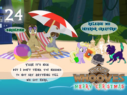 Size: 1032x774 | Tagged: safe, artist:bronybyexception, derpibooru import, derpy hooves, dinky hooves, doctor whooves, winona, dog, earth pony, pegasus, pony, unicorn, g4, advent calendar, beach, beach ball, beach chair, beach towel, beach umbrella, bucket, buried, chair, dalek, dialogue, doctor who, female, filly, foal, hat, male, mare, palette swap, recolor, sandcastle, shovel, speech bubble, stallion, sun hat, sunglasses, sunglasses on head, tardis