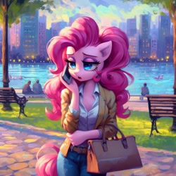 Size: 1024x1024 | Tagged: safe, ai content, derpibooru import, generator:bing image creator, generator:dall-e 3, machine learning generated, pinkie pie, anthro, g4, bag, bags under eyes, bench, cellphone, city, female, handbag, lake, office lady, park, park bench, phone, prompter:horselover fat, sad, solo, tired, water