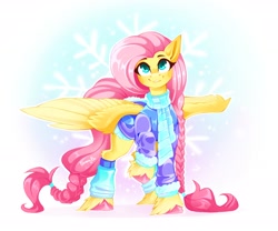 Size: 3000x2500 | Tagged: safe, artist:buvanybu, derpibooru import, fluttershy, pegasus, pony, g4, braid, braided tail, clothes, coat, colored hooves, cute, female, head tilt, high res, leg warmers, looking at you, mare, raised hoof, raised leg, scarf, shyabetes, smiling, smiling at you, snow, solo, spread wings, standing, tail, unshorn fetlocks, wings, winter outfit