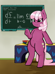 Size: 5400x7200 | Tagged: safe, artist:gean, derpibooru import, cheerilee, earth pony, pony, semi-anthro, g4, bipedal, blatant lies, book, calculus, chalkboard, kilroy was here, raised hoof, raised leg, solo