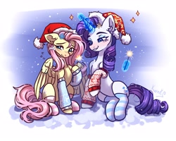 Size: 3500x2800 | Tagged: safe, artist:konejo, derpibooru import, fluttershy, rarity, pony, unicorn, g4, blushing, christmas, clothes, commission, cute, duo, duo female, ear fluff, ears, eyebrows, female, glowing, glowing horn, hat, high res, holiday, hoof hold, horn, leg warmers, levitation, magic, magic aura, mare, partially open wings, raised hoof, raised leg, raribetes, santa hat, shyabetes, sitting, socks, striped socks, telekinesis, wings