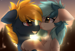 Size: 5489x3728 | Tagged: safe, artist:lunylin, derpibooru import, oc, oc only, oc:osteen, oc:peacher, pegasus, pony, absurd resolution, boop, chest fluff, commission, duo, duo male and female, ear fluff, ears, eye clipping through hair, eyebrows, eyebrows visible through hair, female, floppy ears, folded wings, high res, husband and wife, male, mare, married couple, noseboop, oc x oc, peachsteen, pegasus oc, shipping, smiling, stallion, straight, tongue, tongue out, unshorn fetlocks, wings