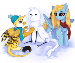 Size: 2148x1802 | Tagged: safe, artist:anku, derpibooru exclusive, derpibooru import, oc, oc only, oc:beaky, oc:brave blossom, griffon, pegasus, pony, fanfic:yellow feathers, clothes, duo, feather, female, griffon oc, hat, male, mother and child, mother and son, parent and child, pegasus oc, scarf, simple background, snow, snowgryphon, snowman, white background, winter hat