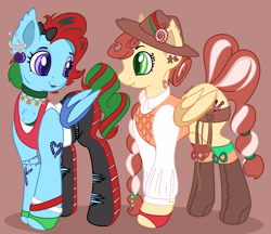 Size: 6895x5954 | Tagged: safe, artist:appleneedle, derpibooru import, oc, oc only, oc:jingle belle jangle, oc:jingle belle rock, bat pony, pony, boots, brown background, christmas, clothes, colored, cowboy, digital art, duo, ear piercing, earring, female, flat colors, gloves, hat, holiday, jewelry, jingle bells, lasso, music, outfit, piercing, punk, rope, shoes, simple background, socks, tattoo