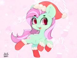 Size: 4000x3000 | Tagged: safe, artist:zokkili, derpibooru import, minty, earth pony, pony, g3, beanbrows, christmas, clothes, ear fluff, ears, eyebrows, eyebrows visible through hair, female, hat, holiday, looking at you, mare, open mouth, open smile, santa hat, signature, smiling, smiling at you, socks, solo