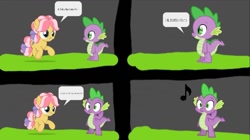 Size: 1080x604 | Tagged: safe, artist:hako33, derpibooru import, kettle corn, spike, dragon, earth pony, pony, g4, comic, cute, illegible, kettlebetes, unreadable text