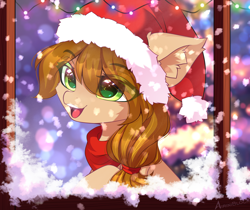 Size: 3594x3014 | Tagged: safe, artist:airiniblock, derpibooru import, oc, oc only, oc:sweet bear, earth pony, pony, big ears, chest fluff, christmas, christmas lights, cute, ear fluff, ears, eye clipping through hair, eyebrows, eyebrows visible through hair, female, hat, high res, holiday, mare, open mouth, open smile, santa hat, smiling, snow, snowfall, solo, teeth, window, winter