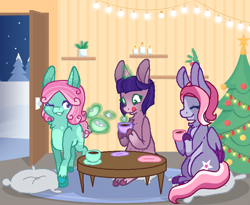 Size: 730x600 | Tagged: safe, artist:hate-love12, derpibooru import, kimono, minty, starsong, pony, g3, christmas, christmas tree, cup, holiday, pillow, snow, teacup, tree