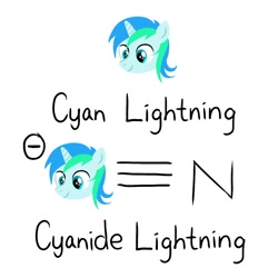 Size: 768x768 | Tagged: safe, artist:flutterthread8, derpibooru import, oc, oc only, oc:cyan lightning, pony, unicorn, chemicals, chemistry, colt, cyanide, foal, head only, male, science, simple background, solo, text, white background