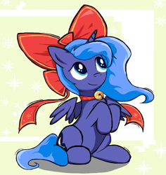 Size: 1341x1419 | Tagged: safe, artist:sallycars, derpibooru import, princess luna, alicorn, pony, g4, bell, bell collar, bow, collar, cute, female, filly, foal, hair bow, mare, s1 luna, sitting, solo, woona, younger