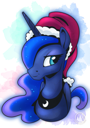 Size: 2171x3070 | Tagged: safe, artist:mysticalpha, derpibooru import, princess luna, alicorn, pony, g4, bust, christmas, female, hat, holiday, mare, portrait, santa hat, solo