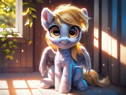 Size: 4096x3072 | Tagged: safe, ai content, derpibooru import, generator:pony diffusion v6 xl, generator:purplesmart.ai, generator:stable diffusion, machine learning generated, derpy hooves, pegasus, pony, g4, chest fluff, crepuscular rays, cute, derpabetes, ear fluff, ears, fluffy, leaf, looking at you, prompter:kluknawa235, sitting, smiling, solo, window