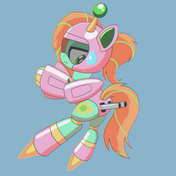 Size: 3000x3000 | Tagged: safe, artist:trackheadtherobopony, derpibooru import, oc, oc:goldheart, pony, robot, robot pony, flying, hoof cannon, sweat, sweatdrop, weapon