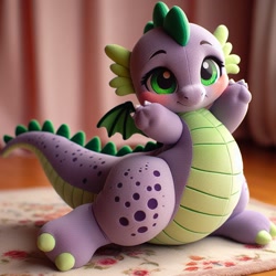 Size: 1024x1024 | Tagged: safe, ai content, derpibooru import, generator:dall-e 3, machine learning generated, spike, dragon, g4, blushing, carpet, chubby, girly, plushie, prompter:morishy1000, solo, trypophobia, wings