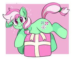 Size: 2356x1891 | Tagged: safe, artist:spookyfoxinc, derpibooru import, earth pony, pony, g4, christmas, ear fluff, ears, female, head turn, holiday, looking at you, mare, minty (g4), one ear down, passepartout, pink background, present, side view, simple background, smiling, smiling at you, solo, sparkles