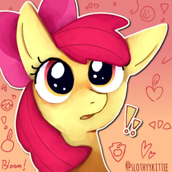 Size: 640x640 | Tagged: safe, artist:slothyykittee, derpibooru import, apple bloom, earth pony, pony, g4, apple, bust, exclamation point, female, filly, foal, food, gradient background, portrait, solo