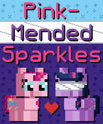 Size: 1080x1296 | Tagged: safe, artist:silk-rose, derpibooru import, pinkie pie, twilight sparkle, twilight sparkle (alicorn), alicorn, g4, cover, cover art, drop shadow, heart, pixel art, text, tiled background, upscaled