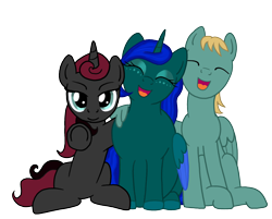 Size: 1494x1200 | Tagged: safe, artist:soobel, derpibooru import, oc, oc only, oc:dusklight blossom, oc:odeon blackplait, oc:strix, alicorn, pegasus, pony, unicorn, 2024 community collab, derpibooru community collaboration, fat, simple background, transparent background