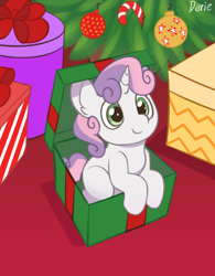 Size: 3200x4100 | Tagged: safe, artist:zeroonesunray, derpibooru import, sweetie belle, pony, unicorn, g4, box, christmas, commission, female, filly, foal, holiday, looking at you, mare, pony in a box, sitting, smiling, smiling at you, solo, ych result