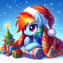 Size: 1024x1024 | Tagged: safe, ai content, derpibooru import, generator:bing image creator, machine learning generated, rainbow dash, pegasus, pony, g4, blanket, christmas, christmas tree, hat, hearth's warming, holiday, present, prompter needed, santa hat, smiling, solo, tree