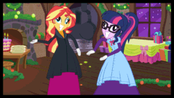 Size: 1136x640 | Tagged: safe, artist:cartoonmasterv3, derpibooru import, sci-twi, sunset shimmer, twilight sparkle, human, equestria girls, g4, animated, christmas, christmas 2023, clothes, dress, duo, female, gif, holiday, long dress, long skirt, possessed, possession, ragdoll, skirt, victorian, victorian dress