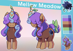 Size: 1891x1338 | Tagged: safe, artist:jade monsuta, derpibooru import, oc, oc:mellow meadow, unicorn, abstract background, artificial horn, bow, coat markings, curly hair, cutie mark, facial markings, female, hair over eyes, highlights, horn, mealy mouth (coat marking), reference sheet, socks (coat marking), solo, tail, tail bow, tail bun, unicorn oc