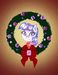 Size: 2550x3300 | Tagged: safe, alternate version, artist:flutterluv, derpibooru import, part of a set, twilight sparkle, pony, g4, alternate character, bust, christmas, christmas wreath, gradient background, holiday, portrait, smiling, solo, wreath