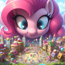 Size: 894x894 | Tagged: safe, ai content, derpibooru import, machine learning generated, pinkie pie, pony, g4, balloon, building, city, female, giant pinkie pie, macro, mare, prompter:princessoflovepinkyt