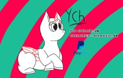 Size: 1440x910 | Tagged: safe, artist:thomas.senko, derpibooru import, alicorn, earth pony, pegasus, pony, unicorn, any gender, any race, commission, female, horn, lidded eyes, lying down, male, paypal, prone, solo, striped background, your character here