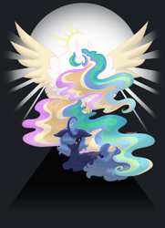 Size: 3281x4527 | Tagged: safe, artist:mrufka69, derpibooru import, princess celestia, princess luna, alicorn, pony, g4, alternate design, colored wings, crepuscular rays, curved horn, duo, duo female, female, folded wings, horn, mare, s1 luna, spread wings, wings