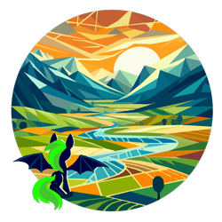 Size: 1024x1024 | Tagged: safe, artist:corymbia, derpibooru import, oc, oc only, oc:corymbia, bat pony, circle background, glowing mane, mountain, mountain range, newbie artist training grounds, profile picture, river, solo, sunset, valley, water