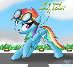 Size: 2000x1828 | Tagged: safe, artist:notadeliciouspotato, derpibooru import, rainbow dash, pegasus, pony, g4, cloud, female, folded wings, goggles, goggles on head, grass, mare, open mouth, open smile, raised leg, runway, signature, smiling, solo, speech bubble, talking, talking to viewer, wings
